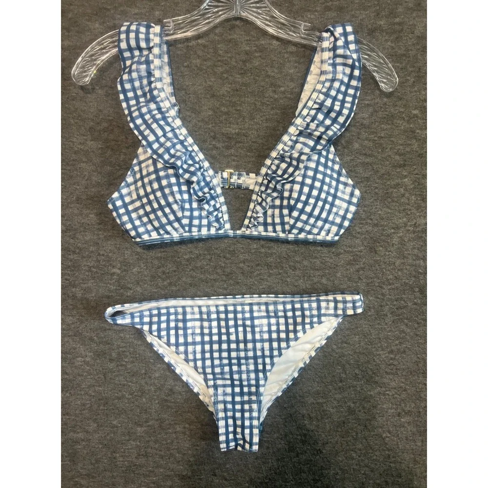 Southern Tide Blue Gingham Ruffle Bikini Set Top S Bottom XS Style 9228 9227